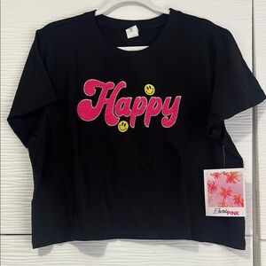 NWT Electric pink Black crop top with Pink 'Happy' Graphic size XL